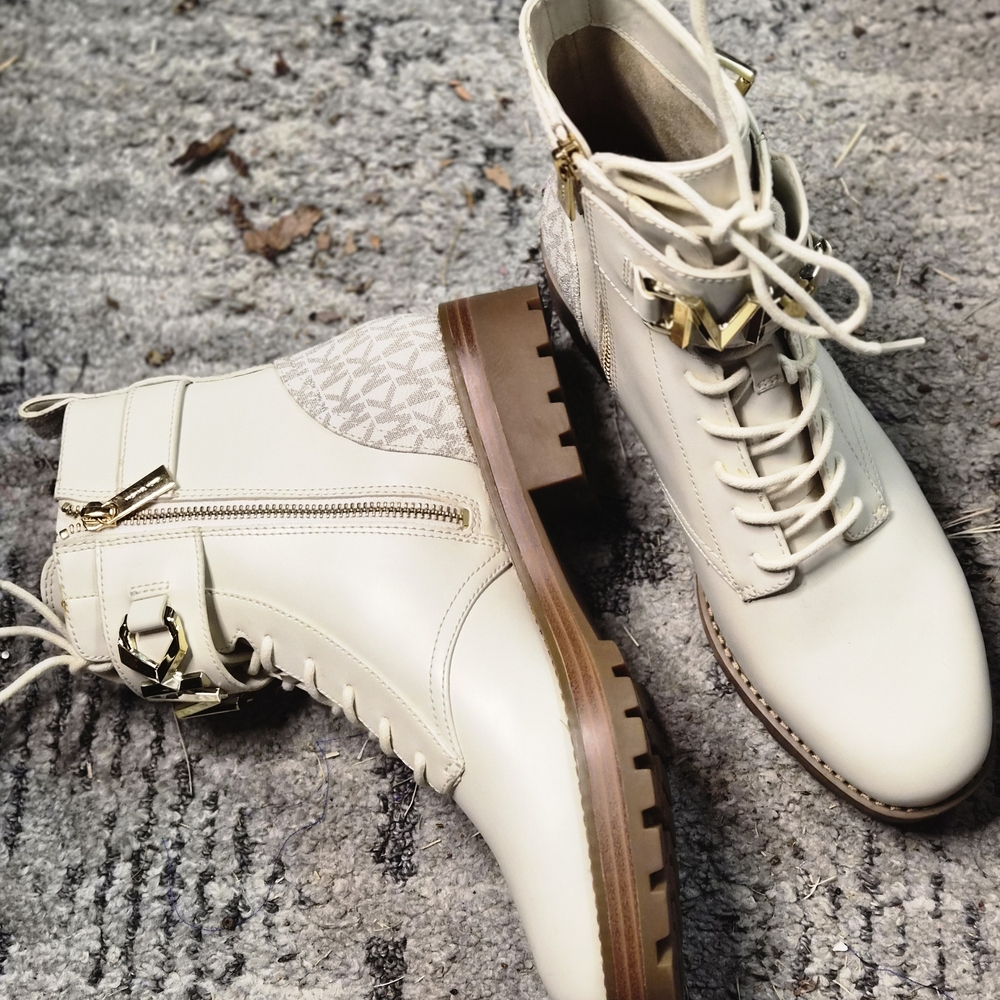 Michael Kors Cream Lace-Up Boots with Gold Details